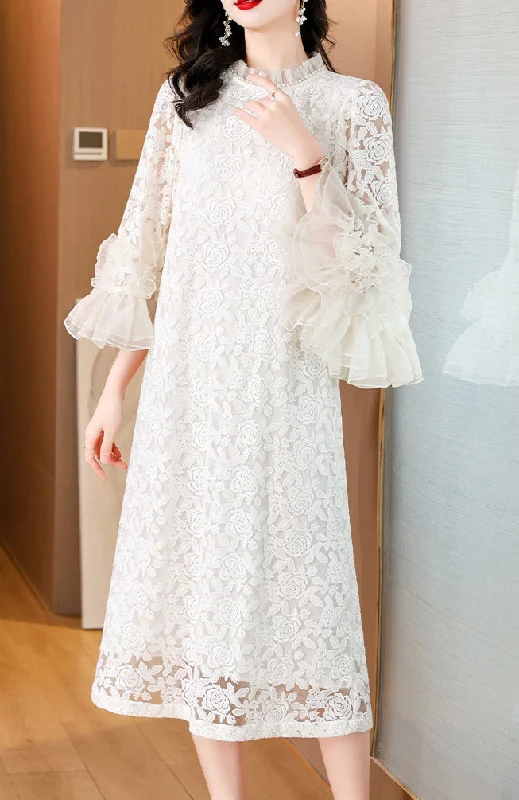 Round neck lace jacquard custom beaded trumpet sleeve dress for women