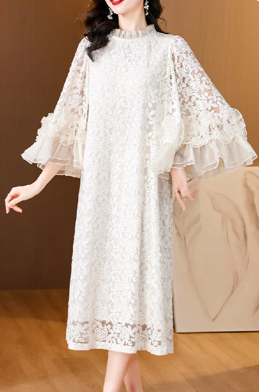 Round neck lace jacquard custom beaded trumpet sleeve dress for women