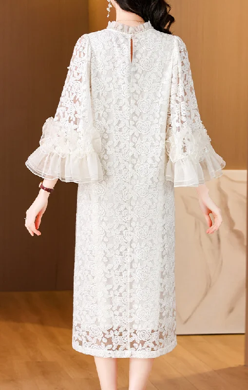 Round neck lace jacquard custom beaded trumpet sleeve dress for women